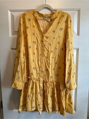 205 Collins Floral Yellow Drop Waist Ruffle Button Tunic Dress L Cottage Summer